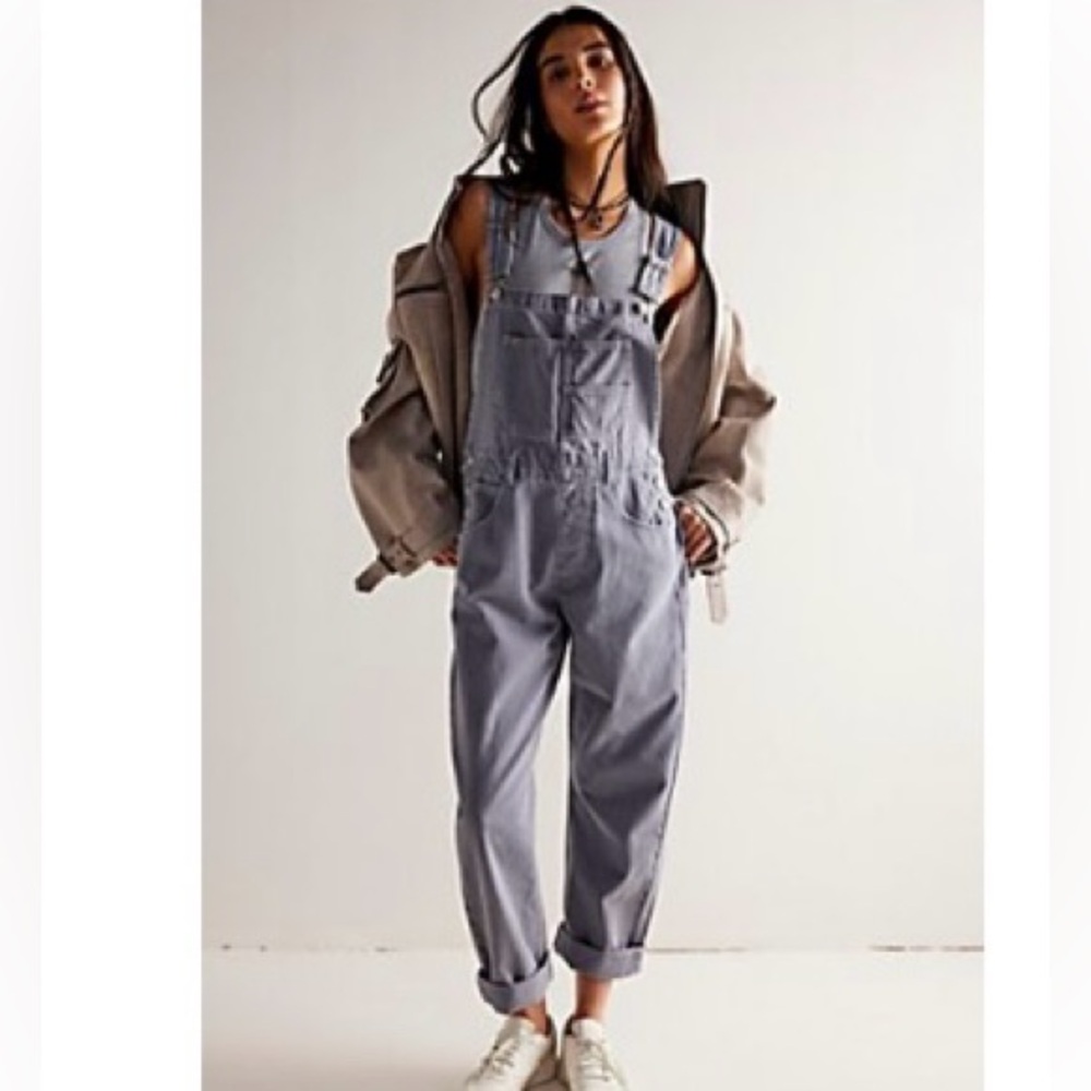 Free People Gray Denim Overalls with Beige Jacket Styling